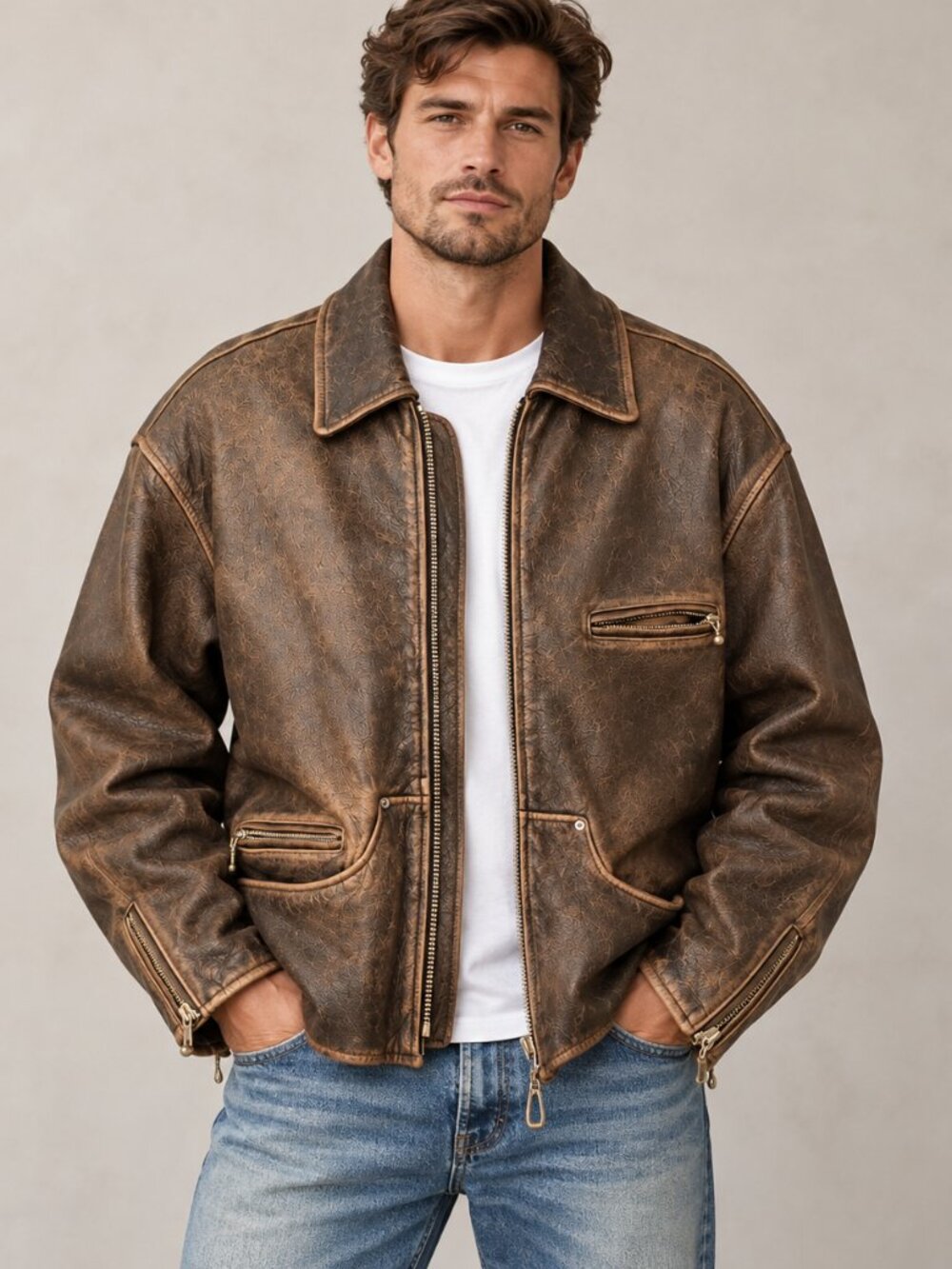 Vintage WINLIT 1969 Genuine Leather Jacket L Distressed Brown Moto 90s